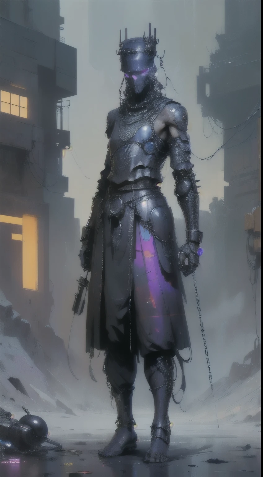 perfect proportions, anatomically correct, (head to toe: 2.0), (full body image: 2.0), solo, extremely stylized, masterpiece, highly detailed, detailed eyes, expressive detailed eyes, detailed pupils, futuristic, ((wearing a crown)), ((holding a scimitar and shield)), (cybernetic arms:1.4), big boots, entire body image, full body shot, tassels, large beads, (large tassels), cyberpunk, inkpunk, paint platter, ink splatter, (action pose:1.0), ((chainmail shirt)), deviant art,