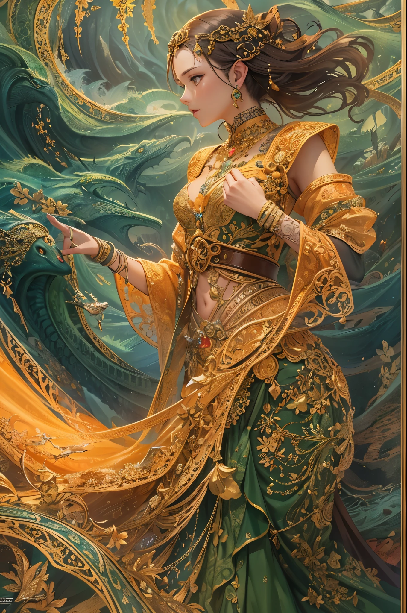 ((highest quality)),(Ultra-high resolution),(Very detailed),(Detailed Description),((The best CG)),(A masterpiece),Ultra-detailed art,Amazing drawing art,(Fantasy art with intricate detail:1.5), (A woman in a detailed dress:1.3), yellow, black, green, red, prism, Wave,