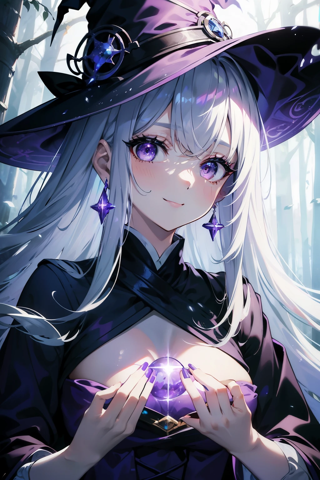 (Masterpiece, Best quality, ultra high resolution),Looking up、front、1girl,grey hair, beautiful and detailed face, detailed eyes,Red liner on the outer corner of the eye、 Big beautiful eyes、((Purple manicure))、Earrings、Brandish a magic wand、(((Wizard of Light))),紫 witch outfit,r紫 witch hat,white hair,in the forest,night,fog,(grey and blue theme)smile、Purple outfit、Normal size Bust