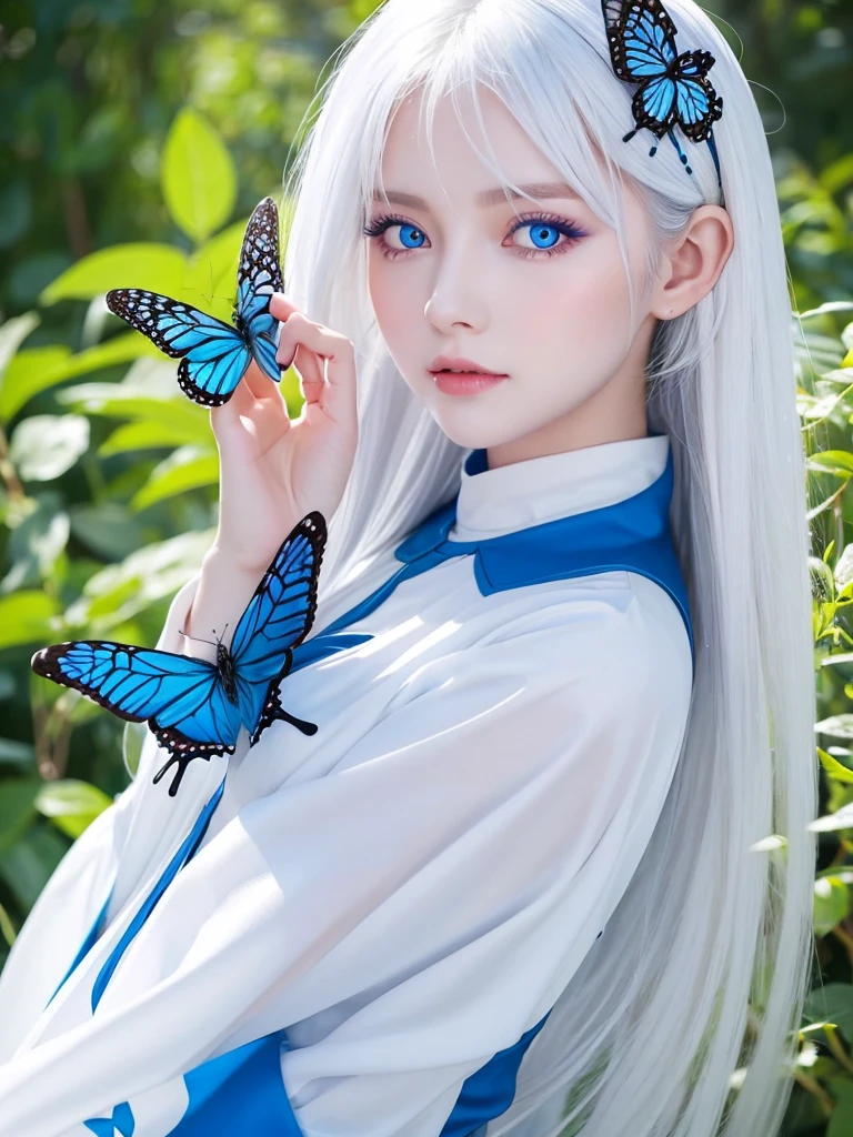 White hair just below shoulder length、Wearing a white and blue ao dai、Beautiful androgynous woman with royal blue eyes and blue butterflies on the background。