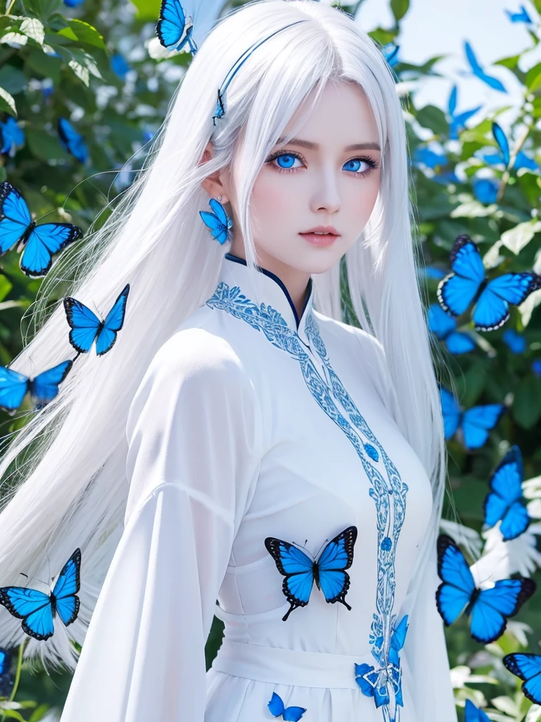 White hair just below shoulder length、Wearing a white and blue ao dai、Beautiful androgynous woman with royal blue eyes and blue butterflies on the background。