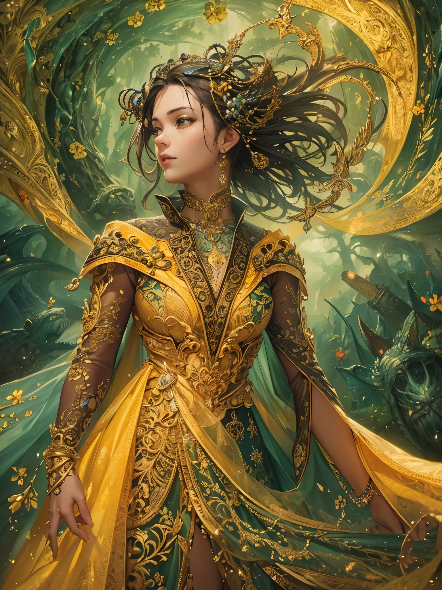 ((highest quality)),(Ultra-high resolution),(Very detailed),(Detailed Description),((The best CG)),(A masterpiece),Ultra-detailed art,Amazing drawing art,(Fantasy art with intricate detail:1.5), (A woman in a detailed dress:1.3), yellow, black, green, red, prism, Wave,