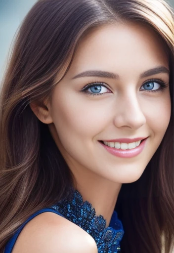 (((close up portrait of woman))), instagram model Rachel Cook.  Facial portrait of A fashion model, glamour, brown long wavy hair, (((bright blue eyes))), mischevious smile, very detailed face, very detailed eyes.  Large breasts.  bokeh, 8K, High quality, Masterpiece, Best quality, HD, Extremely detailed, voluminetric lighting, focus on, Photorealistic