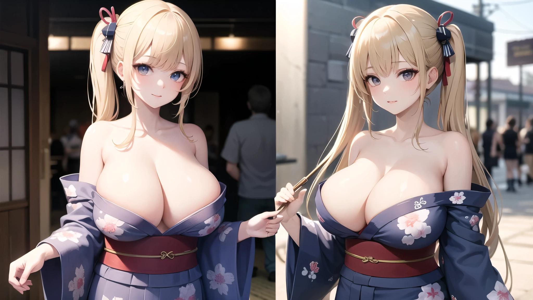 (((masterpiece, best quality))), (((superior quality))), cute girl, ((extremely detailed girl)), ((huge breasts)), (yukata), (bare shoulders), strapless top, twin-tail blonde