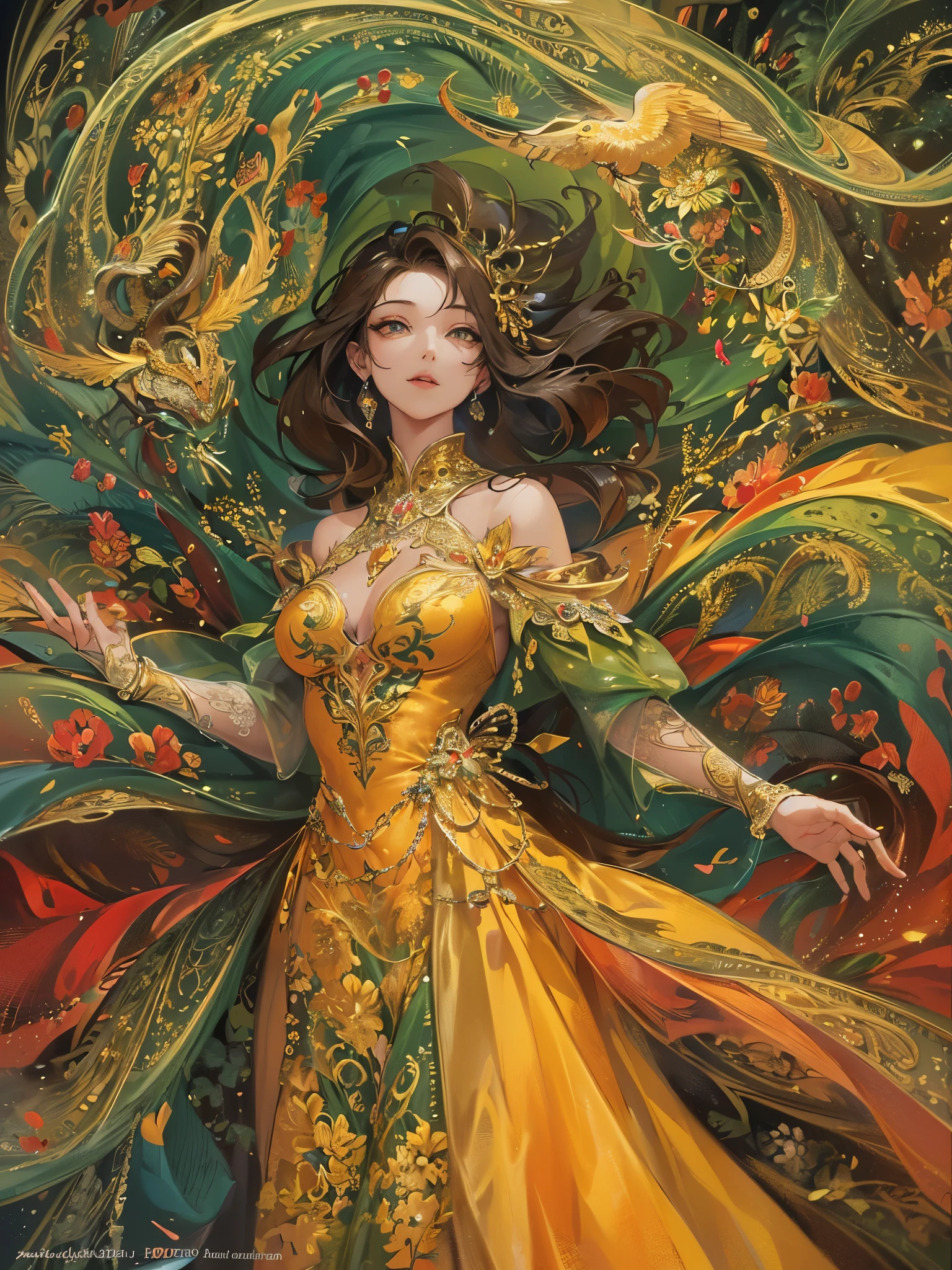 ((highest quality)),(Ultra-high resolution),(Very detailed),(Detailed Description),((The best CG)),(A masterpiece),Ultra-detailed art,Amazing drawing art,(Fantasy art with intricate detail:1.5), (A woman in a detailed dress:1.3), yellow, black, green, red, prism, Wave,
