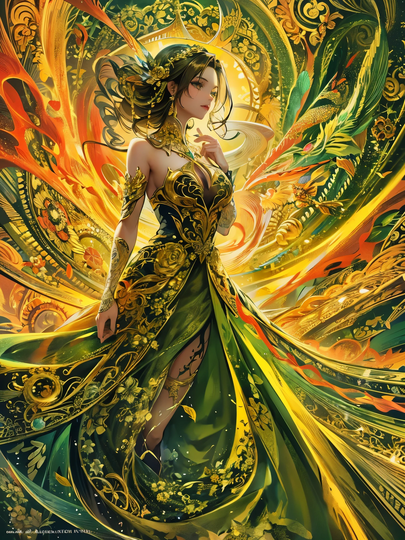 ((highest quality)),(Ultra-high resolution),(Very detailed),(Detailed Description),((The best CG)),(A masterpiece),Ultra-detailed art,Amazing drawing art,(Fantasy art with intricate detail:1.5), (A woman in a detailed dress:1.3), yellow, black, green, red, prism, Wave,