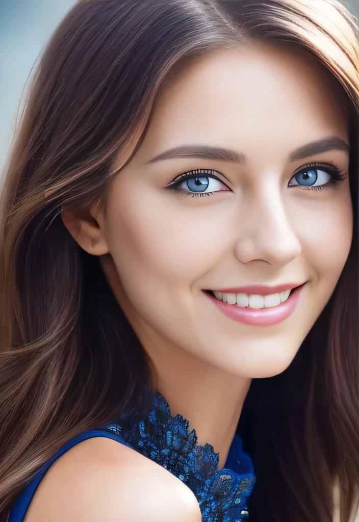 (((close up portrait of woman))), instagram model Rachel Cook.  Facial portrait of A fashion model, glamour, brown long wavy hair, (((bright blue eyes))), mischevious smile, very detailed face, very detailed eyes.  Large breasts.  bokeh, 8K, High quality, Masterpiece, Best quality, HD, Extremely detailed, voluminetric lighting, focus on, Photorealistic