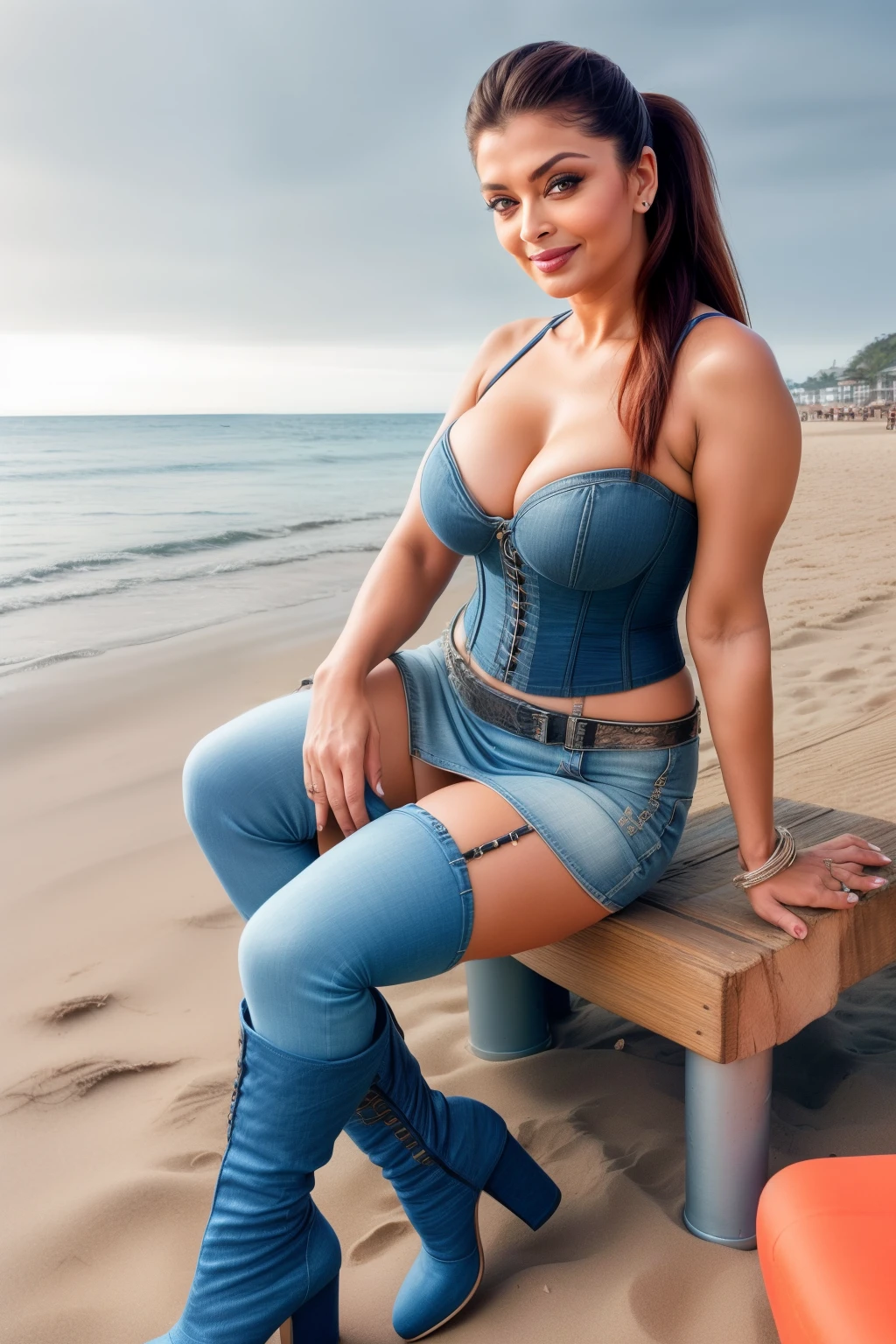 Full body photo of SEXY 50YO MATURE MILF AISHWARYA RAI as FITNESS MODEL, (((smirking face))), ((denim skirt with mini corset)), ((high boots)), (((siting pose with legs crossed in beach))), day scene, mature hourglass figure, look straight at camera, ((ponytail hair)), sexy 50 yo mature MILF, soft volumetric lights, intricate details, (ArtStation:1.2)