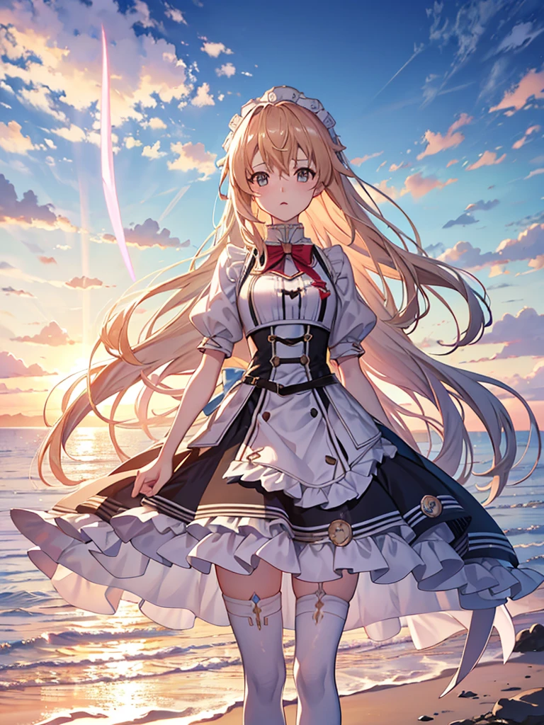 Seafront, Sunrise clouds, Long Sword Art Online, Lolita costume dress, Dynamic posture， 8K, High detail, hyper qualit, high resolution, 8k smooth, landscape shot, 8K, High detail, hyper qualit, high resolution, 8k smooth, landscape shot, super wide shot,  iso-distance view