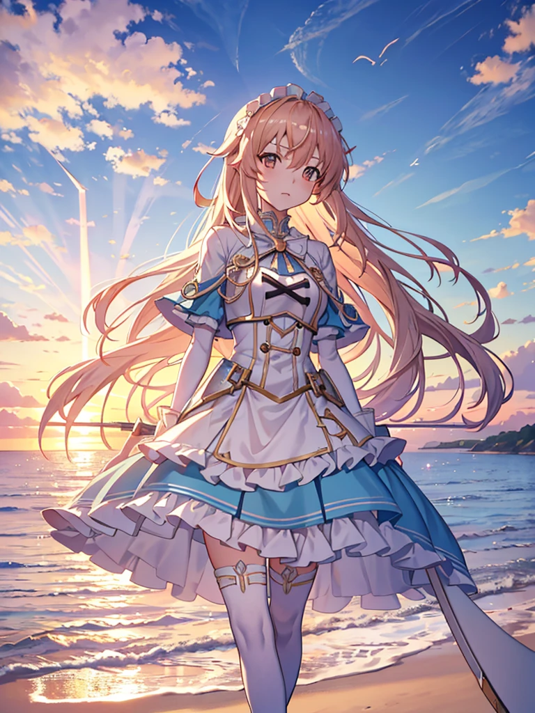 Seafront, Sunrise clouds, Long Sword Art Online, Lolita costume dress, Dynamic posture， 8K, High detail, hyper qualit, high resolution, 8k smooth, landscape shot, 8K, High detail, hyper qualit, high resolution, 8k smooth, landscape shot, super wide shot,  iso-distance view