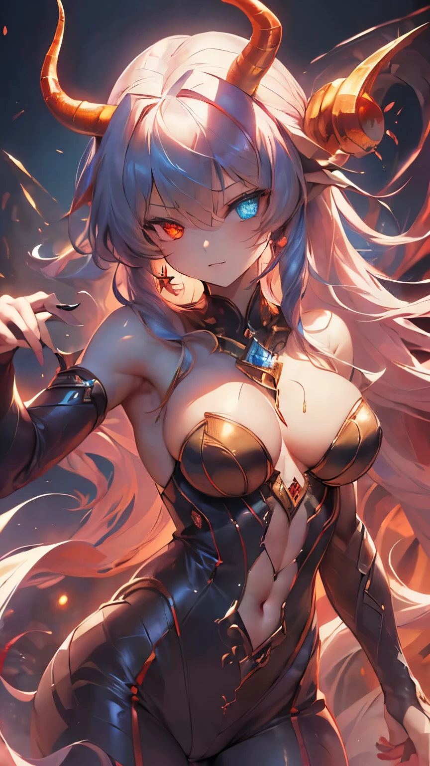 (((highest quality, 8k, masterpiece: 1.3)), ((highest quality)), ((masterpiece)), (detailed), Perfect Face, horn, crazy eyes, Devil's Pupil, Heterochromia iridis, crazy, yandere, Demon girl with goat horn, Highly decorated bodysuit, Demon World, underground, Dim Light, Blue Hair, Gradient Hair, Crescent-shaped earrings, Queen, Wide open chest, gem, diamond, sapphire, ((右手がinflammationに包まれている)), inflammation, Hand with long nails, Abnormal