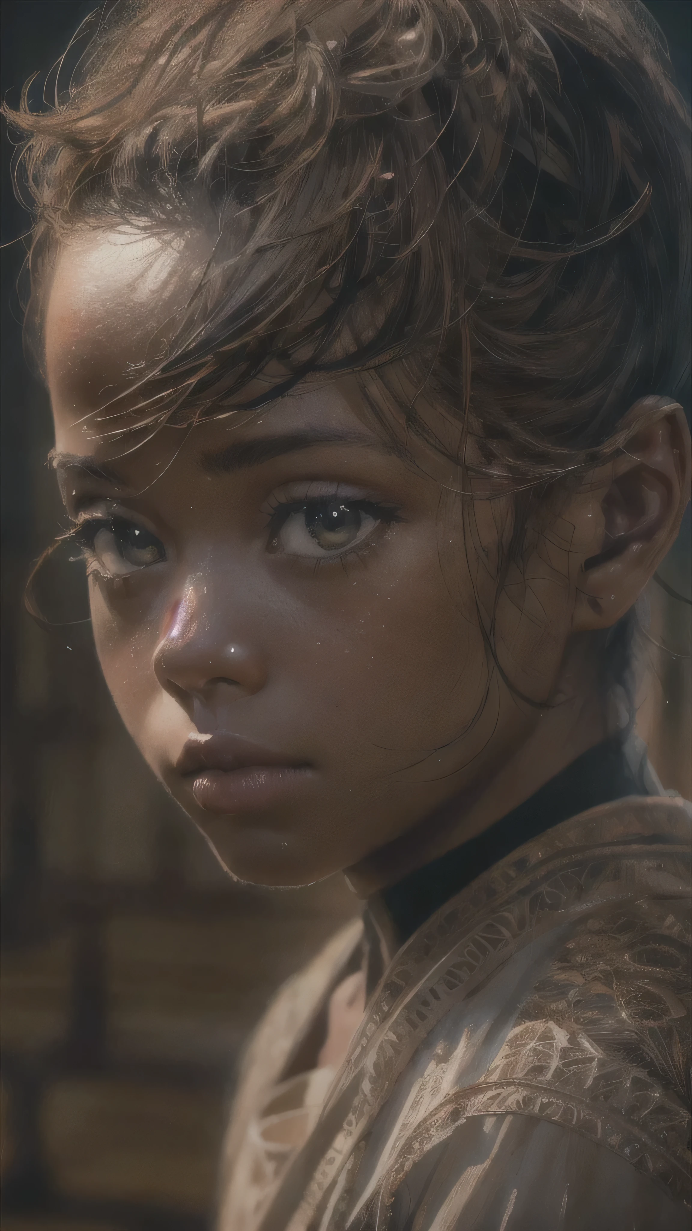 1 curious African boy, cautious, protective of family, senses danger, detailed facial features, hyperrealistic, intricate background details, dramatic lighting, cinematic composition, moody color palette, atmospheric lighting, dark hazel eyes, caramel skin, charcoal pencil sketch, (best quality,4k,8k,highres,masterpiece:1.2),ultra-detailed,(realistic,photorealistic,photo-realistic:1.37),HDR,UHD,studio lighting,ultra-fine painting,sharp focus,physically-based rendering,extreme detail description,professional,vivid colors,bokeh,portrait