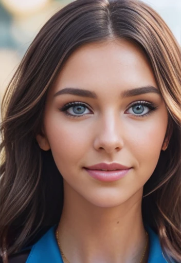 (((close up portrait of woman))), instagram model Rachel Cook.  Facial portrait of A fashion model, glamour, brown long wavy hair, (((bright blue eyes))), mischevious smile, very detailed face, very detailed eyes.  Large breasts.  bokeh, 8K, High quality, Masterpiece, Best quality, HD, Extremely detailed, voluminetric lighting, focus on, Photorealistic