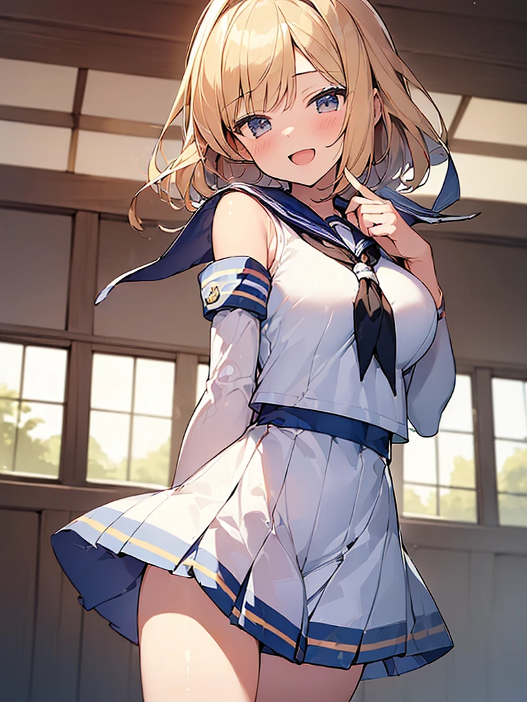 (Masterpiece, Top quality: 1.5), (Sailor suit of Hip Length:1.3), (Pleated Skirt:1.2), (detached sleeves:1.2), 1 beautiful girl, solo, blond hair, medium hair, wave hair, (junior high school student:1.2), big breasts, standard weight, smile:1.2, blush:1.2, open mouth, dynamic pose, beautiful scene at station, magnificent panorama view