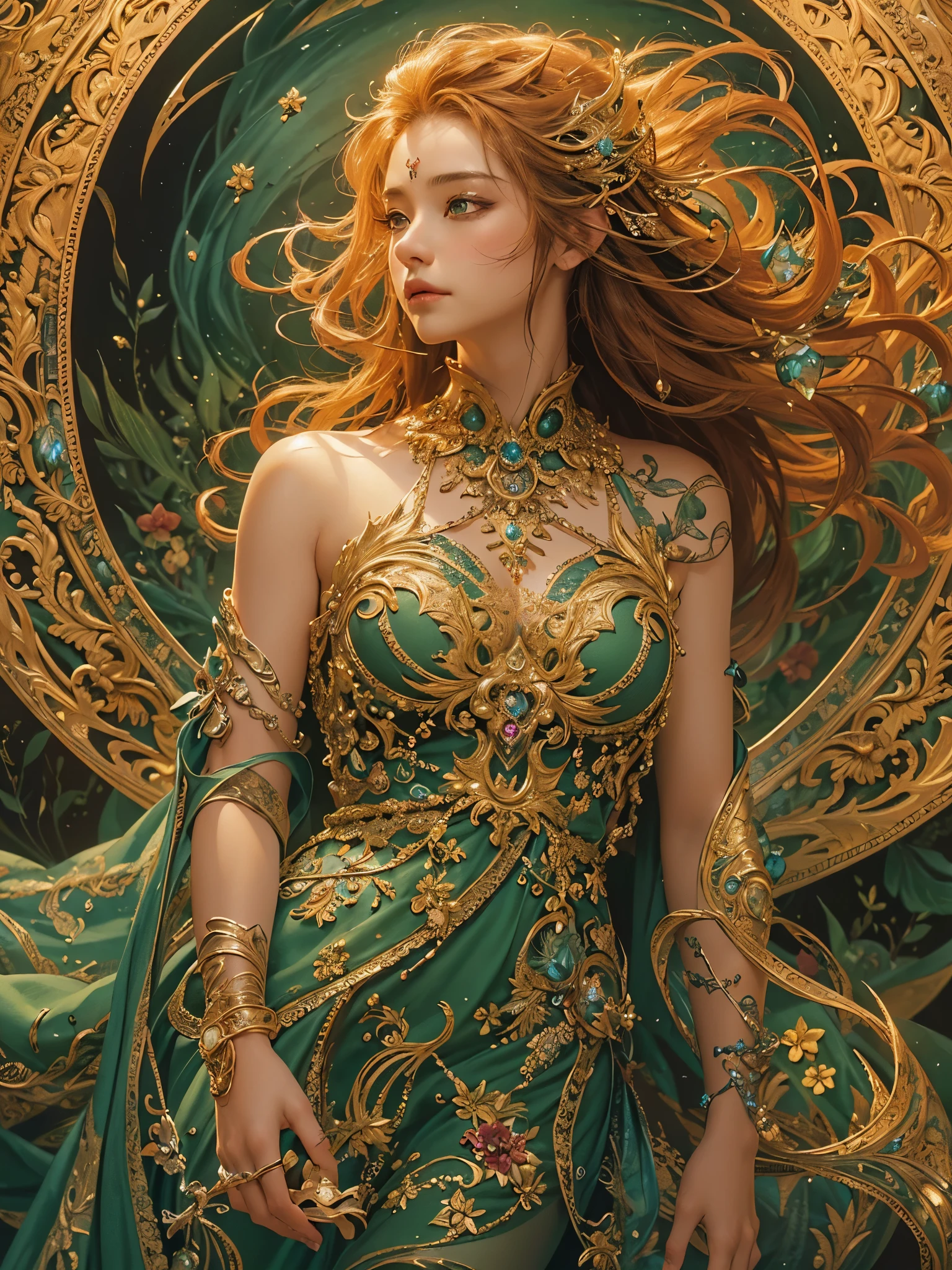 ((highest quality)),(Ultra-high resolution),(Very detailed),(Detailed Description),((The best CG)),(A masterpiece),Ultra-detailed art,Amazing drawing art,(Fantasy art with intricate detail:1.5), (A woman in a detailed dress:1.3), yellow, black, green, red, prism, Wave,