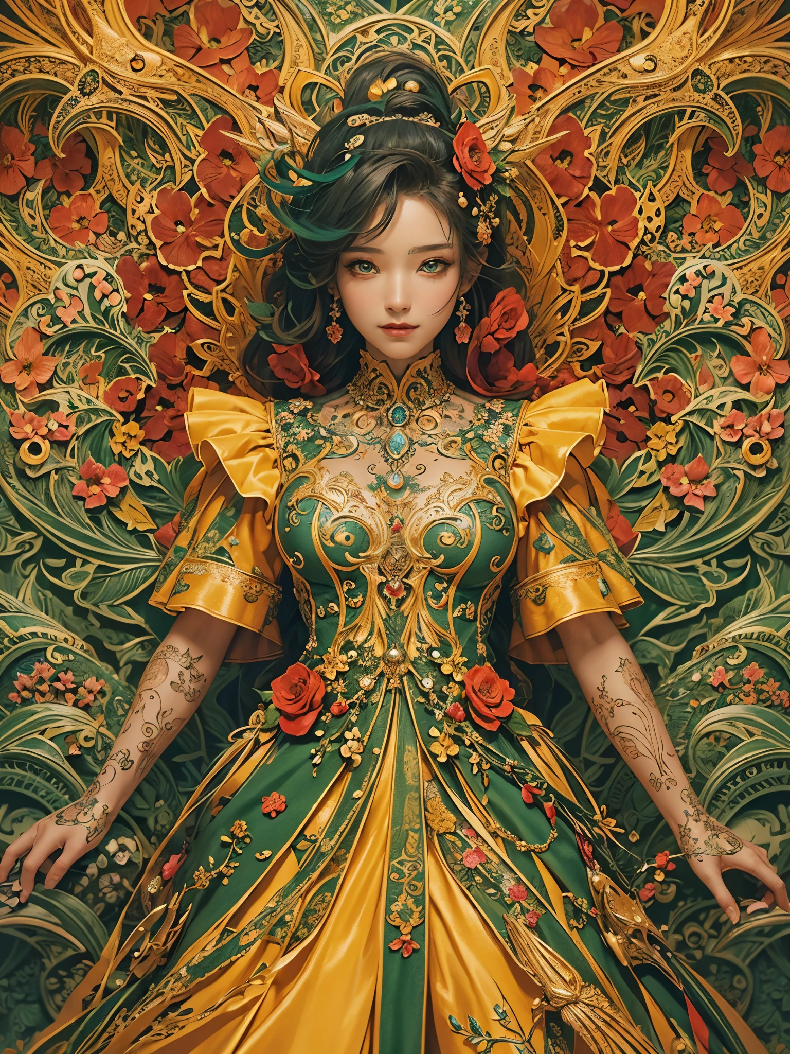 ((highest quality)),(Ultra-high resolution),(Very detailed),(Detailed Description),((The best CG)),(A masterpiece),Ultra-detailed art,Amazing drawing art,(Fantasy art with intricate detail:1.5), (A woman in a detailed dress:1.3), yellow, black, green, red, prism, Wave,