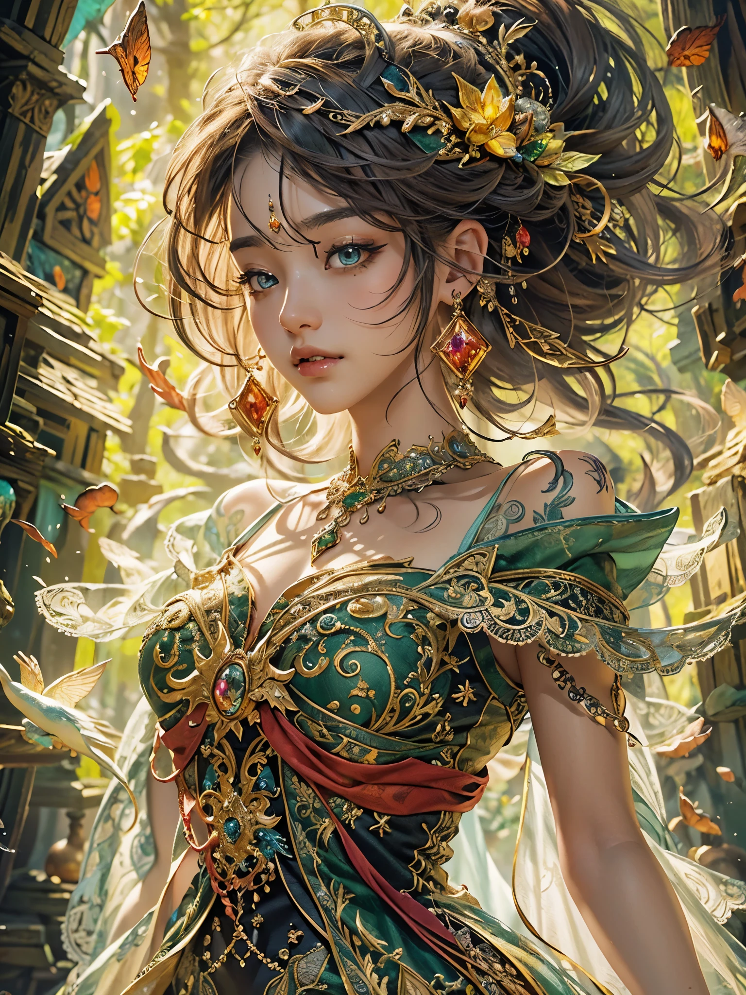 ((highest quality)),(Ultra-high resolution),(Very detailed),(Detailed Description),((The best CG)),(A masterpiece),Ultra-detailed art,Amazing drawing art,(Fantasy art with intricate detail:1.5), (A woman in a detailed dress:1.3), yellow, black, green, red, prism, Wave,