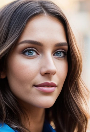 (((close up portrait of woman))), instagram model Rachel Cook.  Facial portrait of A fashion model, glamour, brown long wavy hair, (((bright blue eyes))), mischevious smile, very detailed face, very detailed eyes.  Large breasts.  bokeh, 8K, High quality, Masterpiece, Best quality, HD, Extremely detailed, voluminetric lighting, focus on, Photorealistic