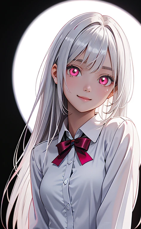 (Photorealistic:1.4)、asuna,(masterpiece、lens flare:1.5、spot light:1.2、Exquisite beautiful eyeonochrome:1.5,portlate、)、Cute Face、 3D Face、(pearl white hair:1.5、Straight Hair)、(1 Girl)、(Red eyes:1.2)、(cowboy shot)、(fingersmile),()、 (Cute face:1.2),(small breasts),(),kind face,(pearl white collared shirt),(black background:1.5)、(glowing eyes:1.3)、()、 Neat and clean、Adorable、Slim Body(Tareme:1.5),Shiny Hair、(Glowing pink Skin)、Nijisketch,Manga,zydG