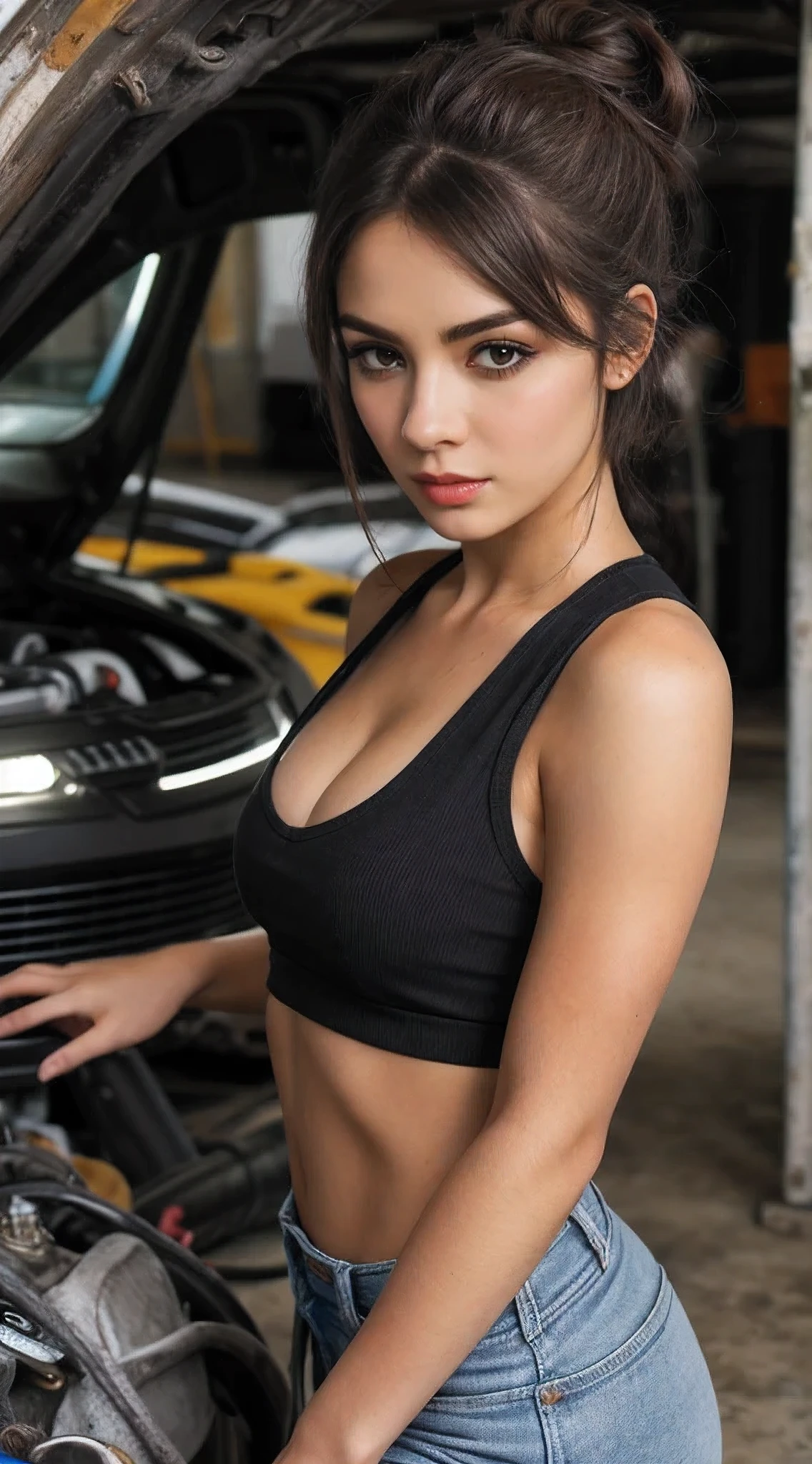 top quality, best quality, High-quality illustrations, masterpiece, super high resolution, detailed background, beautiful female, perfect anatomy, high res, depth of field, detailed background, mexican girl, 24 years old, toned and athletic build, natural beauty, long dark hair is pulled back in a messy bun, simple but stylish clothes, natural makeup, dark eyes, mechanic girl, cars, dirty but sexy