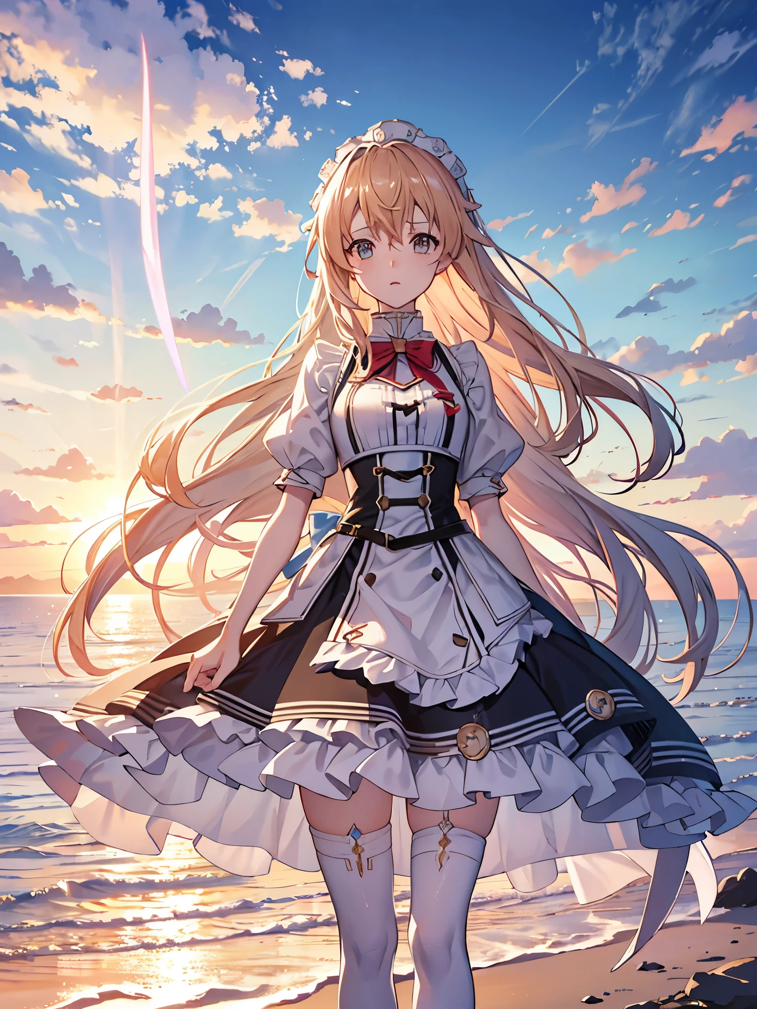 Seafront, Sunrise clouds, Long Sword Art Online, ta costume dress, Dynamic posture, 8K, High detail, hyper qualit, high resolution, 8k smooth, landscape shot, 8K, High detail, hyper qualit, high resolution, 8k smooth, landscape shot, super wide shot, iso-distance view
