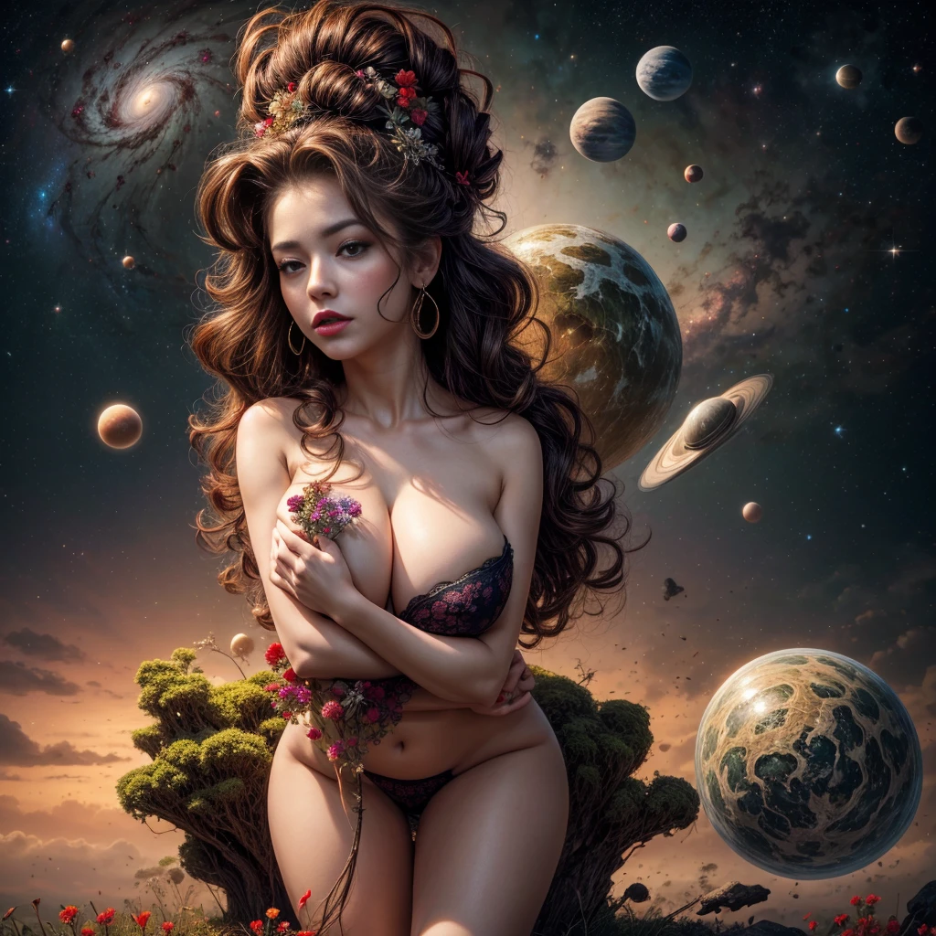 beautiful sensual nude and erotic woman with massive breasts. The breasts are not covered by anything. Red full lips. full body view. portrait of 1girl solo, Voluminous Curly Updo with Hair Vine, Bra, headshot, face focus, Crouching in a field of wildflowers, hands outstretched, looking like a part of nature. Cosmic Galaxy with Nebulae and Planets, masterpiece, immaculate, highly detailed, detailed,