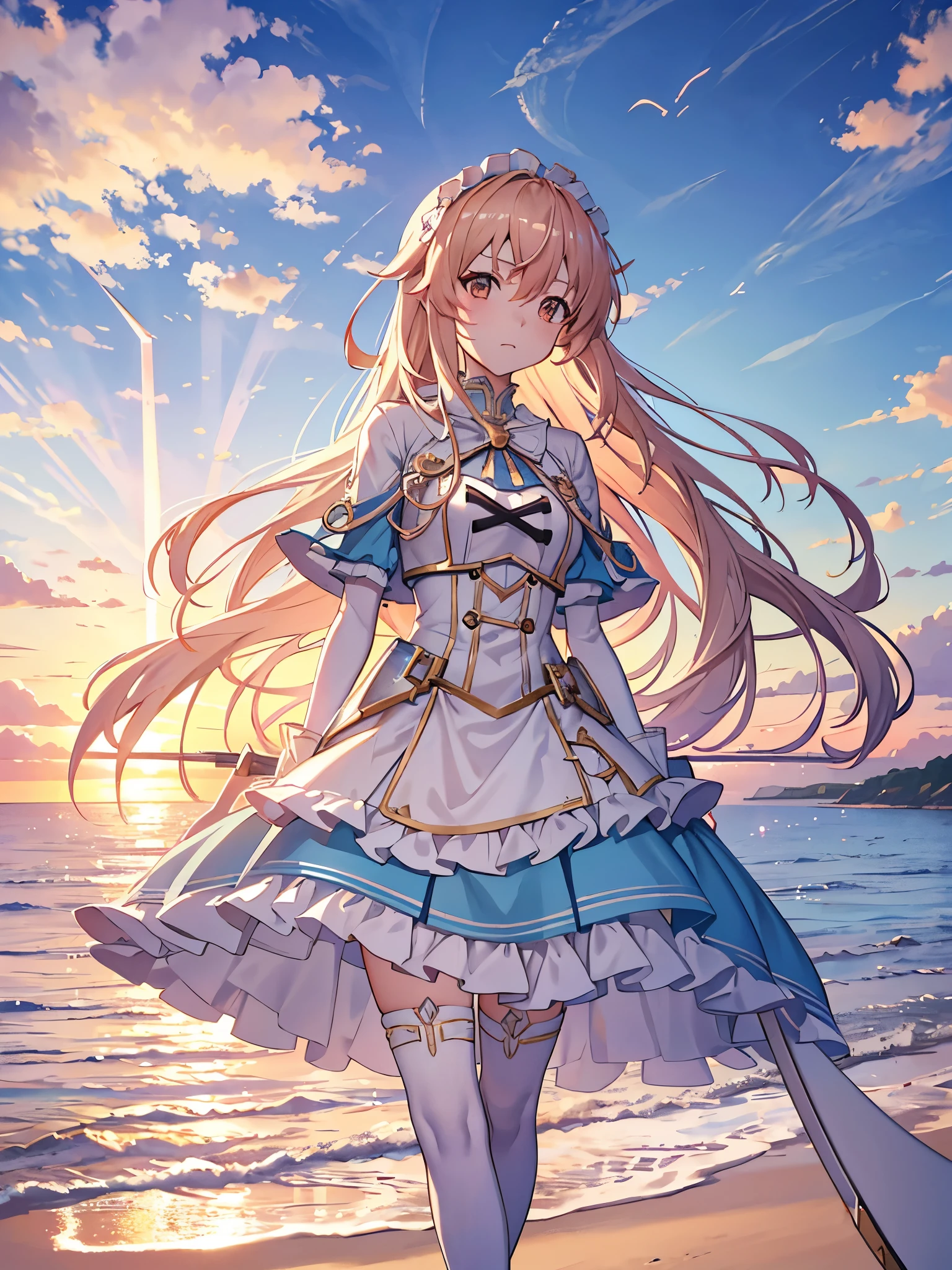 Seafront, Sunrise clouds, Long Sword Art Online, ta costume dress, Dynamic posture, 8K, High detail, hyper qualit, high resolution, 8k smooth, landscape shot, 8K, High detail, hyper qualit, high resolution, 8k smooth, landscape shot, super wide shot, iso-distance view