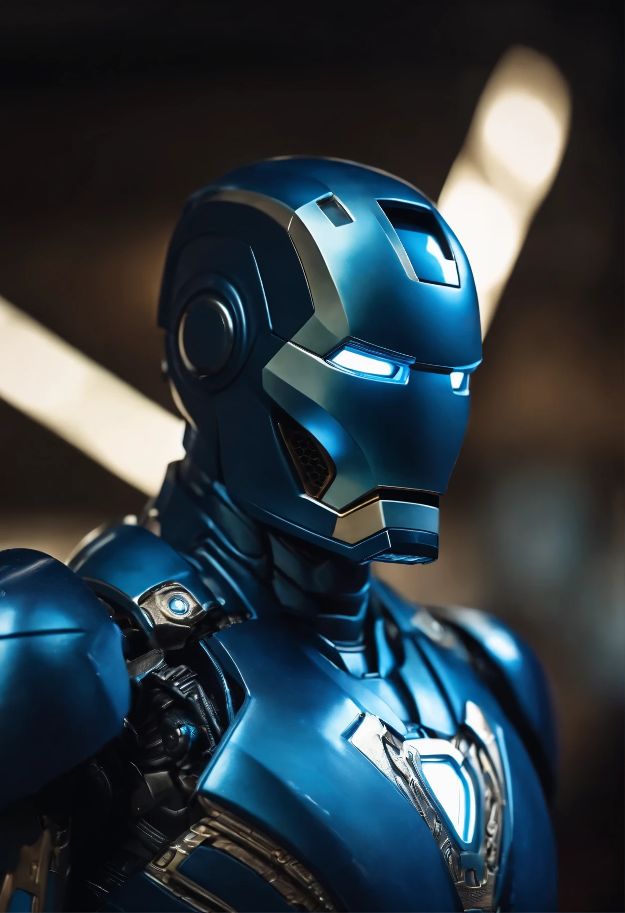 a highly detailed blue iron man, beautiful detailed eyes glowing bright blue, intricate metal shell with complex textures and decorations, cinematic dramatic lighting, hyper realist