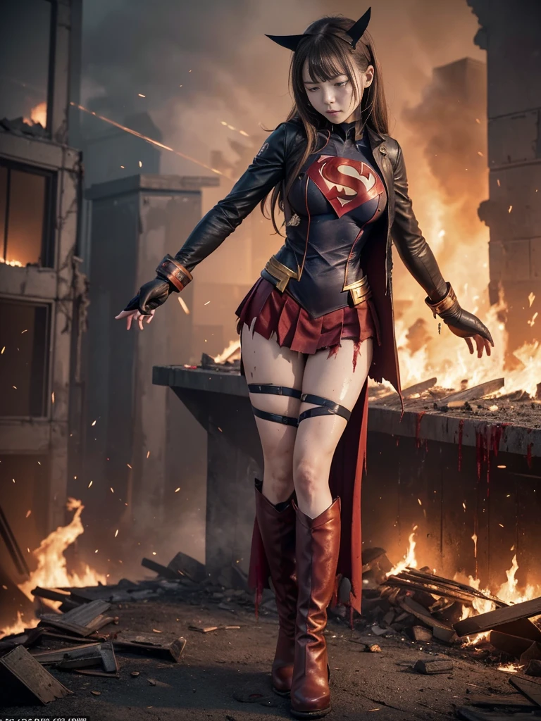 best quality,masterpiece,Ultra HD, Super detailed, 8K,(Beautiful woman),(一人のBeautiful woman),((suffering:1.5)),(((cross))),(execute),((incontinence)),scared,,,((crossにsufferingにされた女性:1.5)),suffering刑,((Super Girl:1.5)),Blue Suit,Superman logo on chest,Red Skirt,Red boots,((torn clothing:1.5)),((Clothes torn:1.5)),(Ragged clothes:1.5),Eat crow,顔にTraces of beating,((There are bruises on the body)),Scars on the body,Injuries to the face and body,(contusion, dirty, Torn clothes, Revealing clothes, Blood:1.3),Traces of beating,Defeat the heroine,a devastated world,ruins,abandoned building,(Burning at the stake),((roast on fire:1.2)),inflamed,(inflamedに包まれている),足下にinflamed,National Foundation