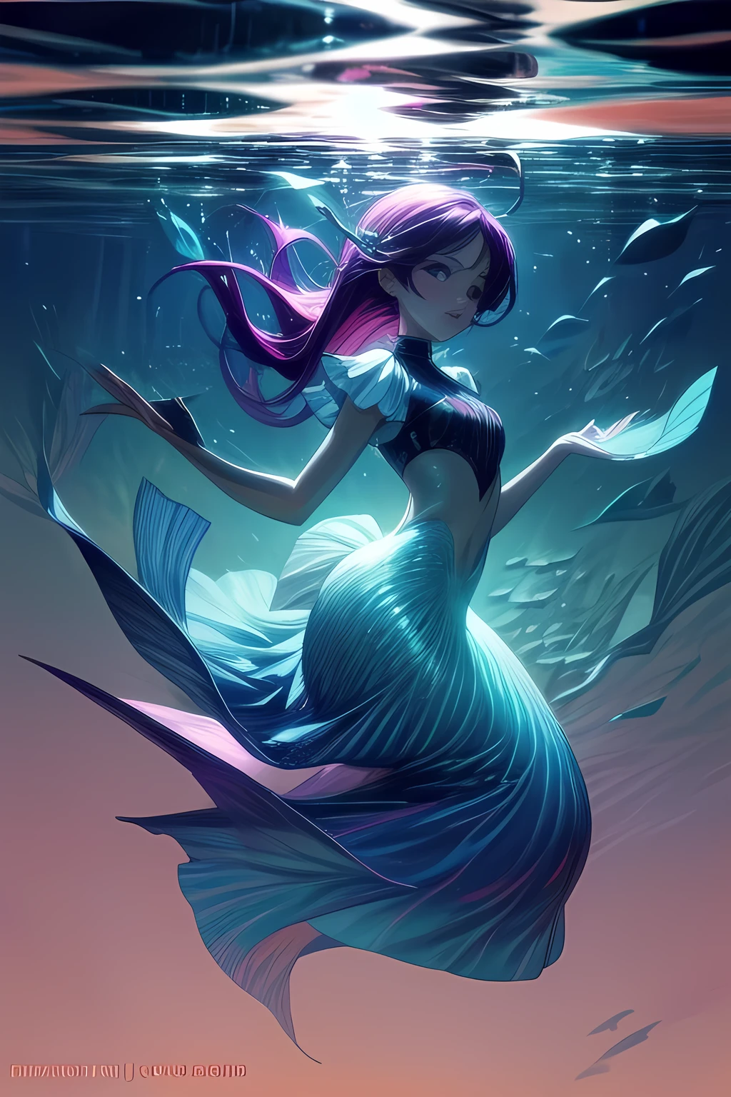 The Little Mermaid, under the sea, detailed fish fin, high-neck tops, front view, Hi3GB