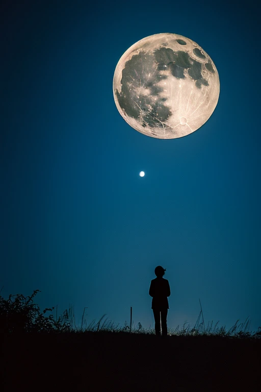 highest quality,Big moon and shadow,A silhouette of a person can be seen against the backdrop of a large moon.,There is one full moon,There is a mood,Beautiful scenery,Starry Sky
