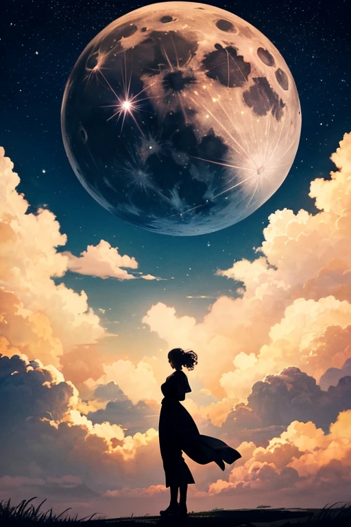highest quality,Big moon and shadow,A silhouette of a person can be seen against the backdrop of a large moon.,There is one full moon,There is a mood,Beautiful scenery,Starry Sky