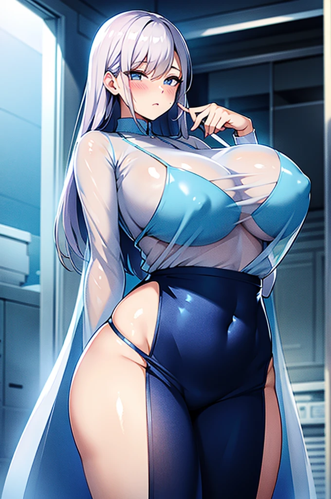 Huge breasts, blushing, sheer clothing, pale blue color, see-through clothing