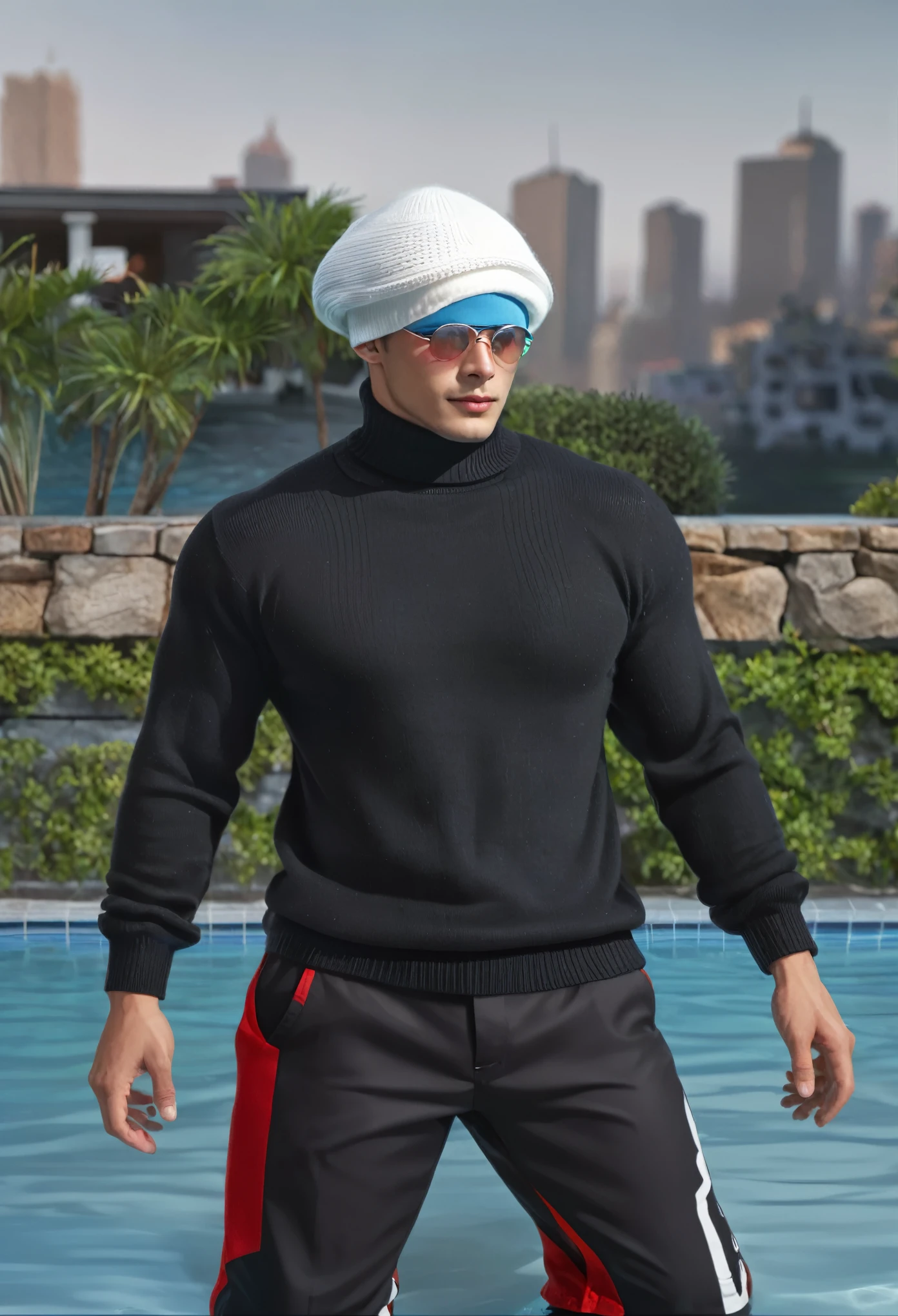 arafed man in a black sweater and red shorts standing in a pool, black turtleneck, black turtle neck shirt, wearing turtleneck, wearing a black sweater, wearing a dark sweater, black sweater, black wool sweater, wearing casual sweater, male character, wearing a sweater, high collar, sleeveless turtleneck, realistic, ultra detail
