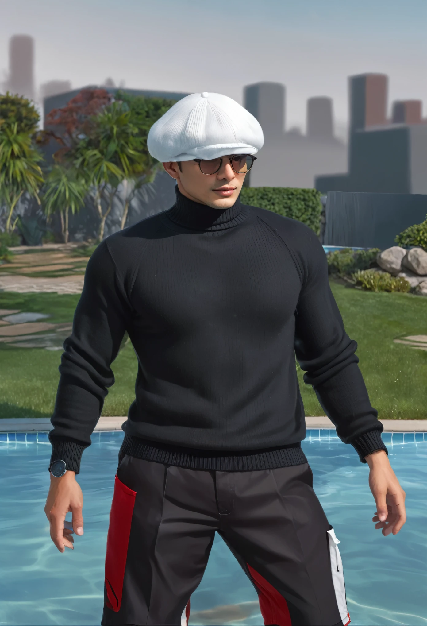 arafed man in a black sweater and red shorts standing in a pool, black turtleneck, black turtle neck shirt, wearing turtleneck, wearing a black sweater, wearing a dark sweater, black sweater, black wool sweater, wearing casual sweater, male character, wearing a sweater, high collar, sleeveless turtleneck, realistic, ultra detail
