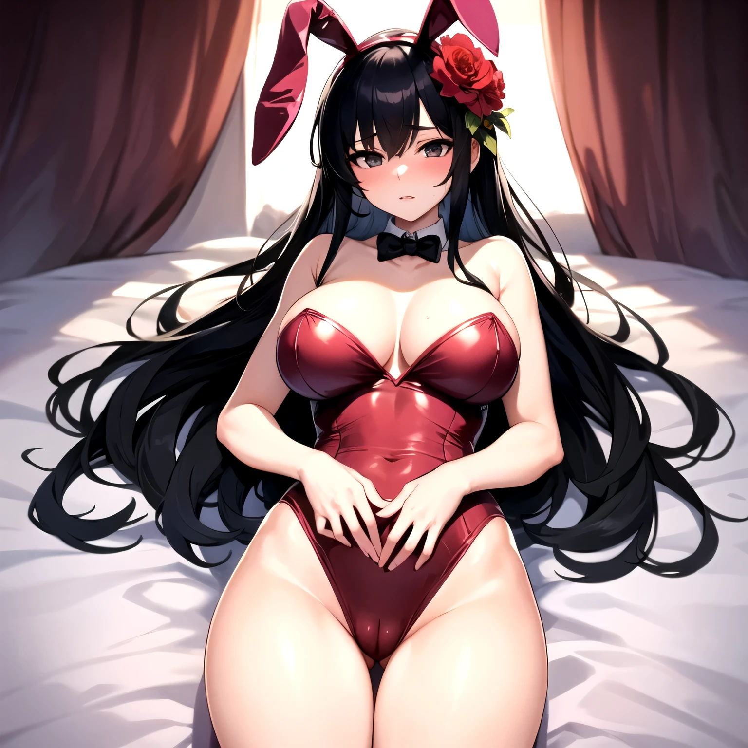 Beautiful and sexy girl, long untied black hair, lovely big round black eyes, and a red flower in her hair.    Wearing an extremely sexy and revealing pink bunny outfit, her genitals are clearly visible.  She was lying obediently on the bed.