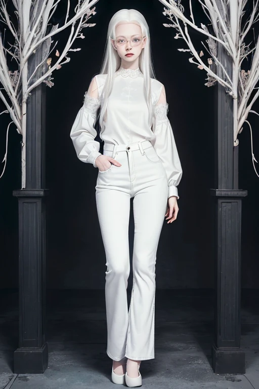 ((full body:1.4)),Cute 18 yo (albino:1.4)woman of Slavic descent.(short:1.1), long white hair, gray eyes, ((very pale:1.4)). Innocent look. Gentle spirit.(virgin), Eyeglasses, long sleeves, (blue lace blouse), ((black jeans)), black Mary Janes with straps.(joy)