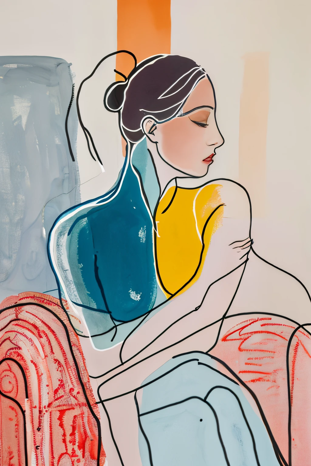 living room,armchair,solo,1girl,qipao,elgant pose,beautiful body, leaning on sofa,blue theme,line art,coated paper art poster,pastel color palette,gouache,minimalistic art,(((masterpiece))),(((best quality))),((ultra-detailed)),masterpiece,best quality,very aesthetic,thereal beauty,digital painting,emotional,high quality,unforgettable,emotional depth,4k highres,,A shot with tension, profile, floating hair,,vivid colors,vibrant colors,trending pixiv fanbox,
