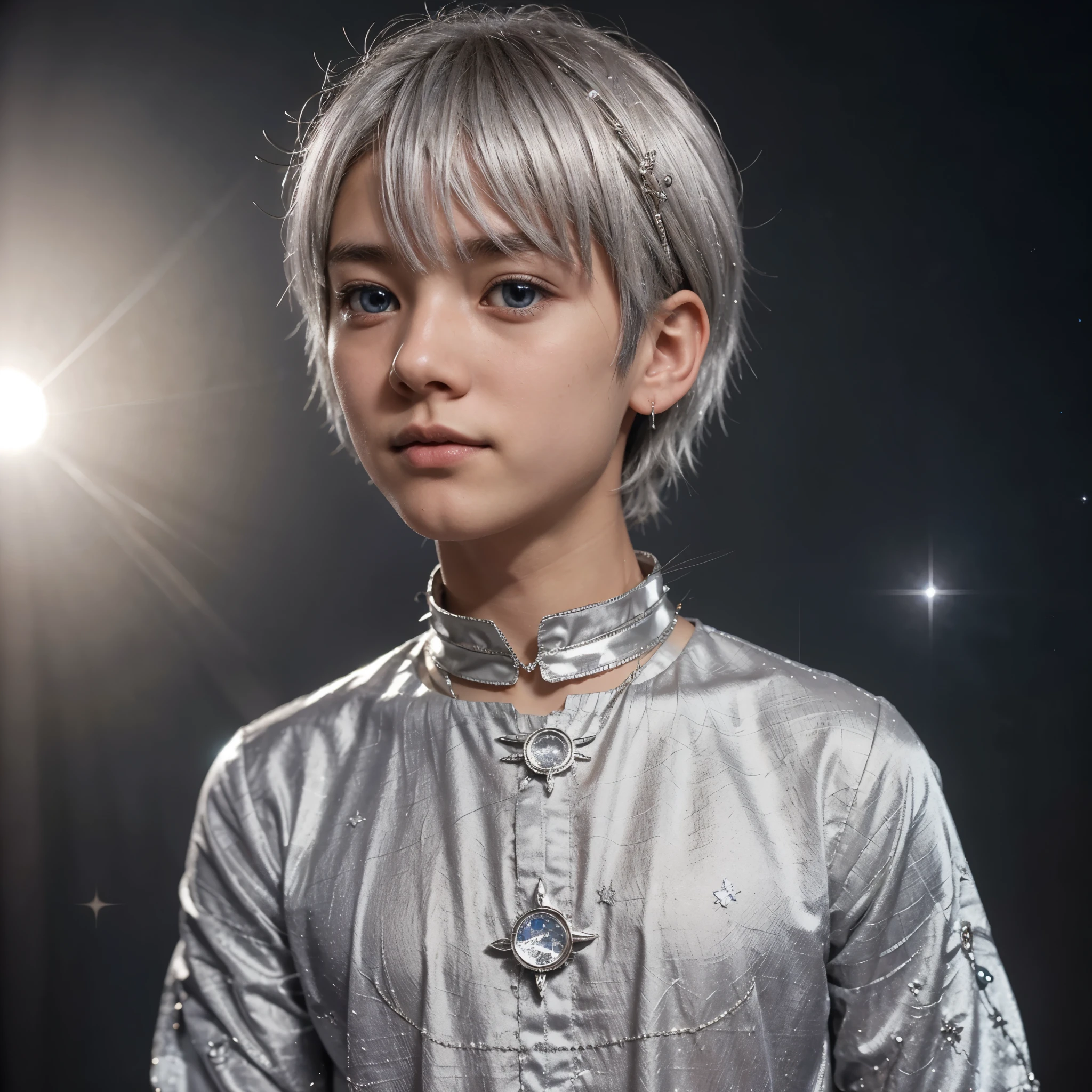 a boy named Shuu. He had hair white and curious eyes that shone like distant stars. But what really caught everyone's attention was the adornment he wore around his neck: a small silver moon. This mysterious moon was made of a bright and delicate material, and seemed to emit a soft silvery radiance.