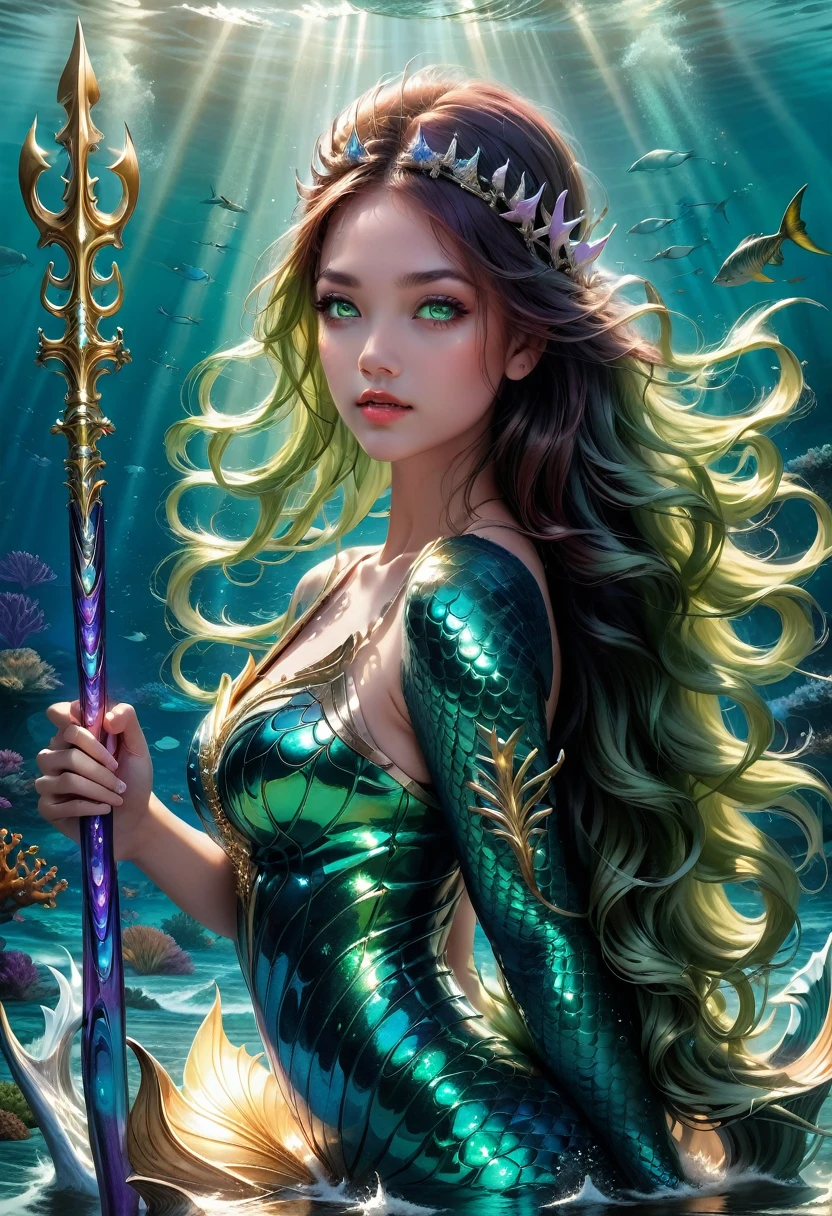 Mermaid Princess, Imagine a Powerful hot attractive back body view sparkle skin mermaid princess with shiny green eyes and powerful Trident,falling heavy hair,who is ruling the Ocean empire, Epic cinematic brilliant stunning intricate meticulously detailed dramatic atmospheric maximalist digital matte painting