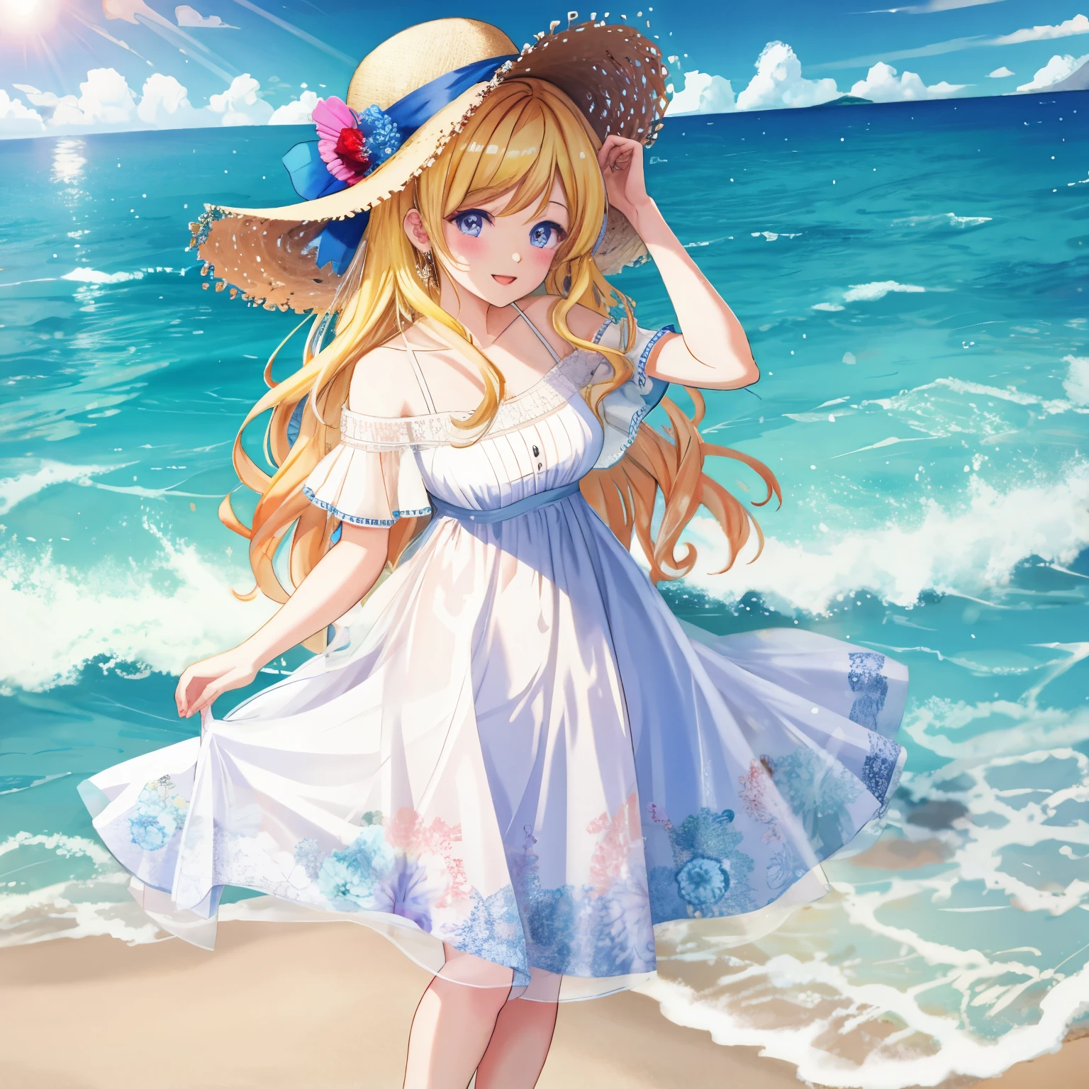 Theme: Anime goddess by the sea, BREAK
Number of characters: One, BREAK
Facial details: Hidden under a straw hat, BREAK
Movement: Holding down the hat to prevent it from being blown away by the wind, BREAK
Emotion: Suggesting satisfaction from a relaxed posture, BREAK
Perspective: A slightly oblique frontal view with the sea in the background, BREAK
Composition: Full body image standing on sandy ground near the water's edge, BREAK
Background: Clear blue sky and the horizon of the sea, BREAK
Outfit: White summer clothes with black accents, BREAK
Body type: Slim body type undefined due to flowing dress, BREAK
Hair style and color: Partially long, wavy blonde hair that reaches the shoulders, BREAK
Light and shadow: Soft shadows on the person and sandy ground due to bright sunlight, BREAK
Accessories: Straw hat, BREAK
Other: Suggestive of a detailed art style anime illustration, BREAK
Worldview: Fusion of anime and manga, BREAK
###Style (fixed): Anime goddess, enchanting anime girl, beautiful and attractive anime woman, fine details. Girls' Frontline, top-rated on pixiv, from Girls' Frontline, Kushaalt Krentz key art feminine, Azur Lane style, anime Barbie with white stockings, from Azur Lane video game, BREAK
###Power words: Artistic, genius, perfect, ultimate, strongest, artistic and perfect AI illustration, ultimate and strongest AI illustration, number of characters, movement, theme, BREAK
Image quality: absurdres, highest quality, realistic, hyper-real, ultra-detailed illustration, BREAK
Quality: Ultra-quality detailed art, BREAK
Resolution: High resolution (HD, 4K, 8K, 16K), color bit depth of 24 bits, 48 bits, BREAK
Colors: Gold, blue, green, light blue, yellow, silver, deep red, pink, wine red, dark brown, light purple