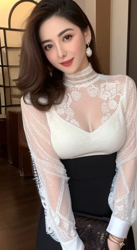 Girlasterpiece, highest quality, Realistic, Very detailed, Finer details, High resolution, 8k wallpaper sex pheromone、Sexy、lure、Mature woman、Lace pattern stockings、Stilettos、Black sexy lingerie、perspective、beauty(((Marian Rivera, 30 years old)))((highest quality、8k、masterpiece:1.3))Ultra HD 1.3、SLR Quality、Cute Beauty 1.4、Transcendental Beauty 1.4、Real Skin 1.3、Marble background、Full body depiction 1.3、1 girl、Attractive beautiful woman:1.3、(Light brown short hair 1.3、Big Breasts:1.2)、Valley 1.4、Sexy look、Big eyes、Long sleeve black lace high neck shirt:1.1、Ultra detailed face、Ultra-detailed eyes、Ultra-detailed skin、Very fine needles、Ultra-detailed expression of even the fingertips on the face、Super detail beautiful legs、Very exquisite beautiful hair、Super fine fabric、Put your hand over your mouth、Korean Beauty、black lace skirt、Earrings、Beautiful long legs、High heels、Stand like a model、walk、Stretch your legs、Cute beautiful girl, One beautiful woman, Wear a black see-through shirt, In a great restaurant, At night, Light brown messy hair, Perfect dynamic composition, Beautiful and beautiful eyes、Big earrings、Price Negotiation
