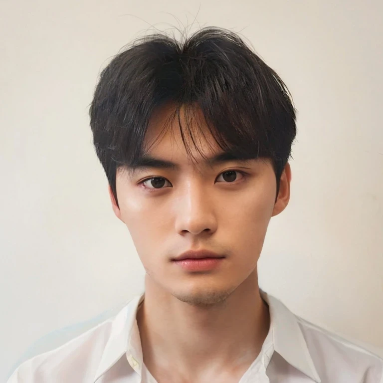Best Quality, 8k, Masterpiece, (Portrait: 1.3), (photo realistic:1.4), (hyper realistic:1.4), Sharp Focus, looking at viewer, (smoother lighting:1.1), (increase cinematic lighting quality:0.9), realistic lighting, backlighting, light on face, ray trace, (brightening light:1.2), (Increase quality:1.4), sharp detail, (best quality real texture skin:1.4), finely detailed eyes, black_eyes, finely detailed face, 25 year old Korean man, (white formal_shirt:1.4), (Create an image maintaining the original base model hairstyle:1.5)