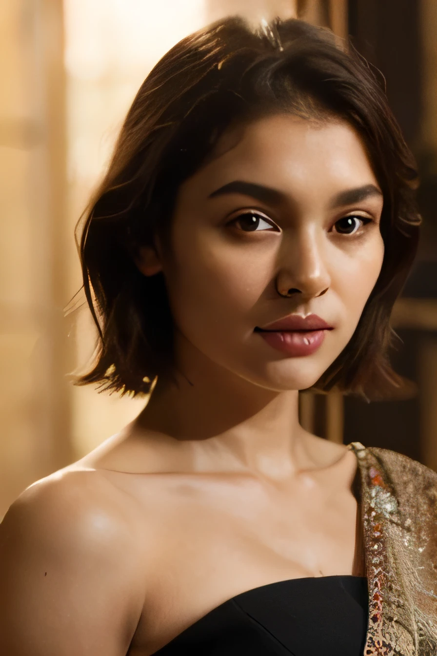 A beautiful and elegant woman having medium skin complexion with warm undertone, wearing a beautiful sari, perfect height, slim, athletic, very good looking, big honey eyed, round expressive face, soft skin, natural lighting