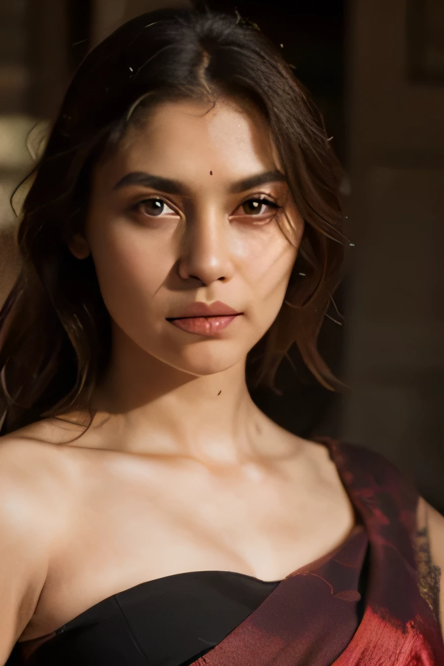 A beautiful and elegant woman having medium skin complexion with warm undertone, wearing a beautiful sari, perfect height, slim, athletic, very good looking, big honey eyed, round expressive face, soft skin, natural lighting 
