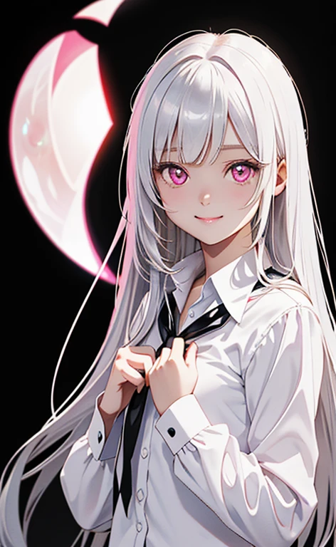 (Photorealistic:1.4)、asuna,(masterpiece、lens flare:1.5、spot light:1.2、Exquisite beautiful eyeonochrome:1.5,portlate、)、Cute Face、 3D Face、(pearl white hair:1.5、Straight Hair)、(1 Girl)、(Red eyes:1.2)、(cowboy shot)、(fingersmile),()、 (Cute face:1.2),(small breasts),(),kind face,(pearl white　collared shirt),(black background:1.5)、(glowing eyes:1.3)、()、 Neat and clean、Adorable、Slim Body(Tareme:1.5),Shiny Hair、(Glowing pink Skin)、Nijisketch,Manga,zydG