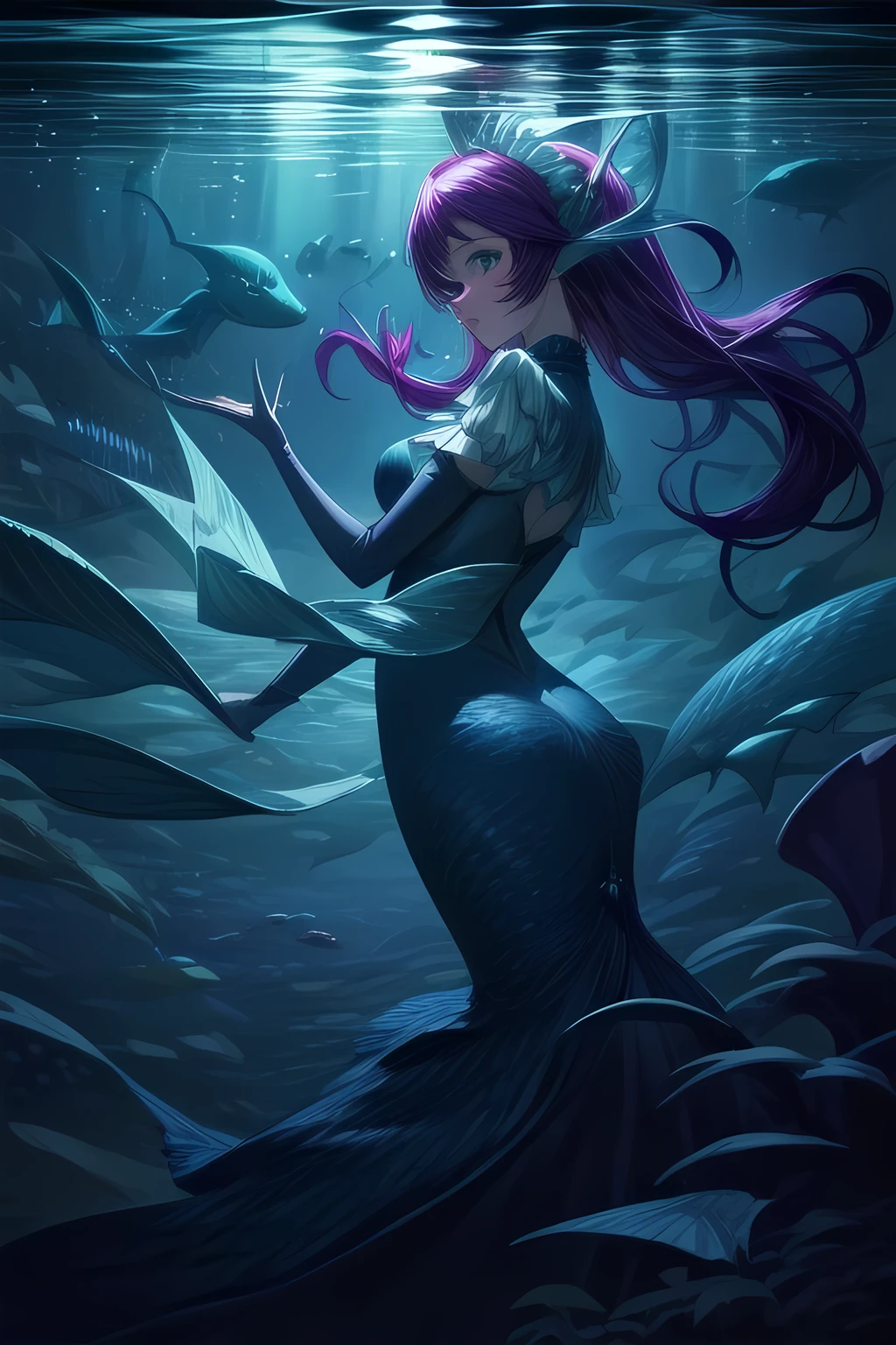 The Little Mermaid, under the sea, detailed fish fin, high-neck tops, front view, large breasts