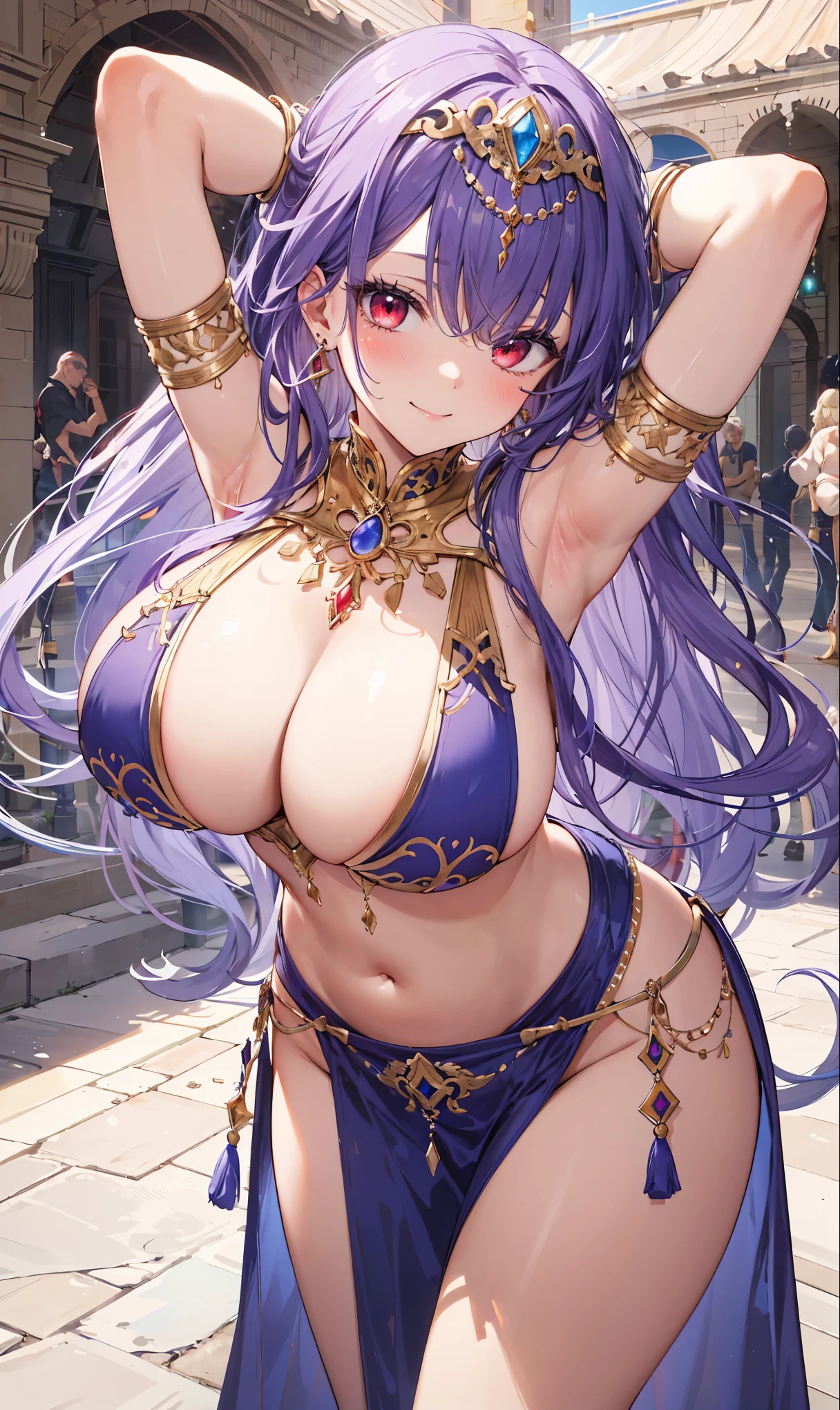 high quality, ultra detailed, best quality, insanely detailed, beautiful, masterpiece, 1girl, medieval plaza, cowboy shot, red eyes, long hair, purple hair, belly dancer, circlet, earrings, armlets, bracelets, bashful smile, large breasts, cleavage, soft stomach