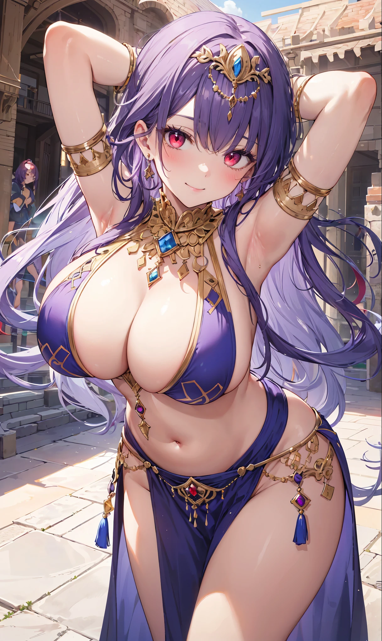 high quality, ultra detailed, best quality, insanely detailed, beautiful, masterpiece, 1girl, medieval plaza, cowboy shot, red eyes, long hair, purple hair, belly dancer, circlet, earrings, armlets, bracelets, bashful smile, large breasts, cleavage, soft stomach