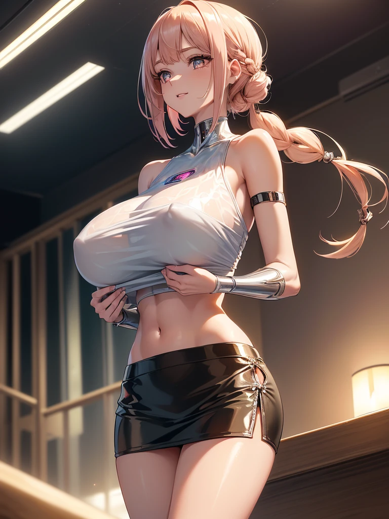(((best quality))), (((high resolution))), (((masterpiece))), ((ultra-detailed)), (illustration), ((an extremely delicate and beautiful)), ((super detail)), (((20 years old))), ((adult)), (((tall))), gleaming skin, shiny body, breast focus, (((((ultra-huge breasts))))), elegant smile, ((big round eyes)), cute eyes, drooping eyes, two hands, five fingers, no extra hands, two legs, slender legs, ((biopunk)), ((metallic cloth)), (android), gynoid, delicate metal decorations, (medium length hair), (hair shorter than shoulder), braid, pony tail, (see-through), mini skirt, ((midriff-baring outfit)), (shining brightly), daytime, city, (pink blond), (metallic shining),